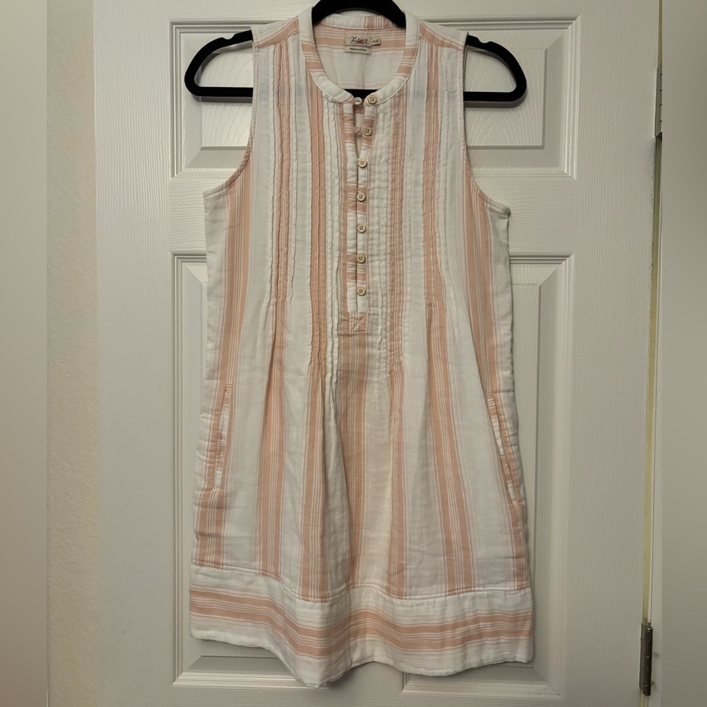 Faherty |‎ Isla Dress Organic Cotton Sleeveless Pintuck Mini White Peach Sz XS